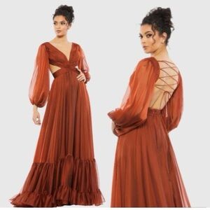 NWT Mac Duggal Burnt Orange Long Sleeve Cutout Maxi Dress